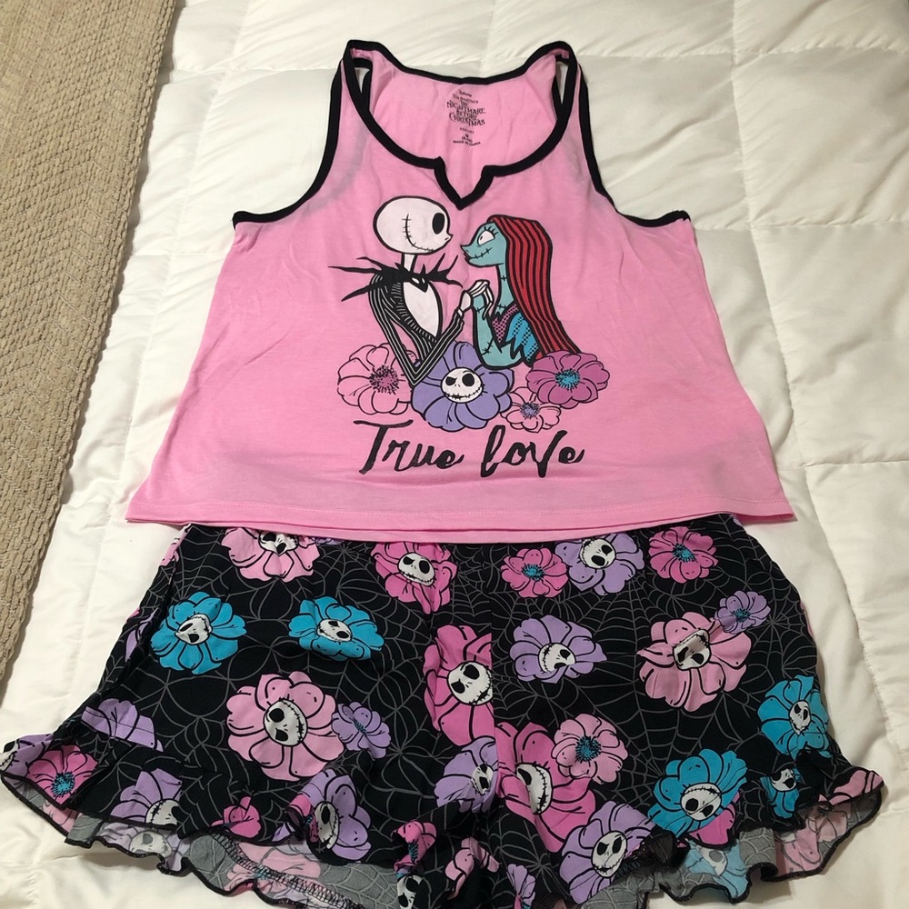 👻 Disney Pink & Black 'True Love' Tank and Floral Skull Shorts Sleep Set